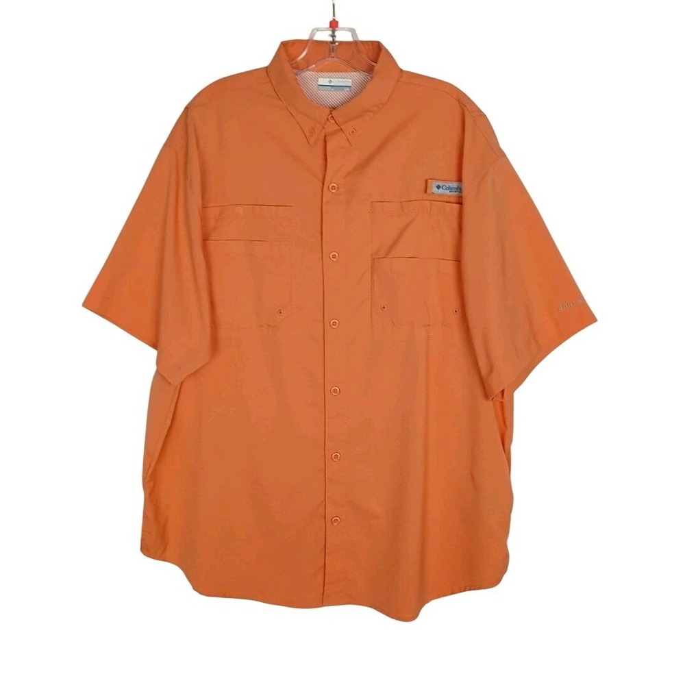 Columbia Shirt Mens PFG Omni-Shade Button Down Sz L Orange Short Sleeve Vented